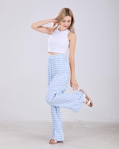Image of codcm Womens Gingham Pants Wide Leg Lounge Pants Y2k Plaid Print Ruffle Hem Loose Trouser