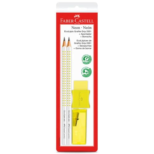 Lápis Preto, Faber-Castell, Triangular, Grip, Amarelo Neon, Com Apontador e Borracha, Modelo:SM/2001FAAM
