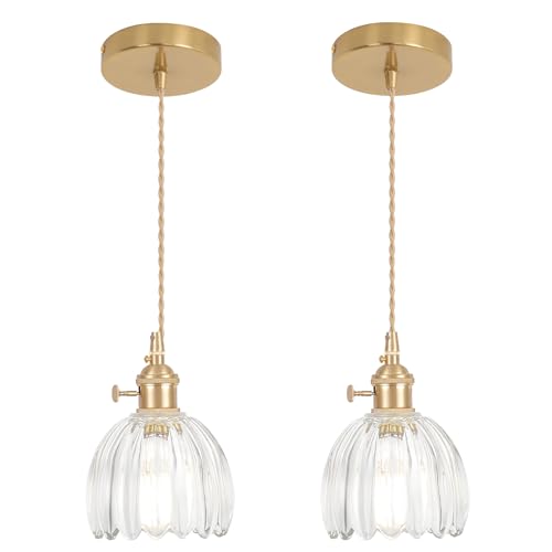Image of Shenmoyl Pendant Light 2 Pack with Clear Tulip Glass Lmapshade, Brass Vintage Pendant Light Adjustable Hanging Light for Kitchen Island Dining Room Hallway