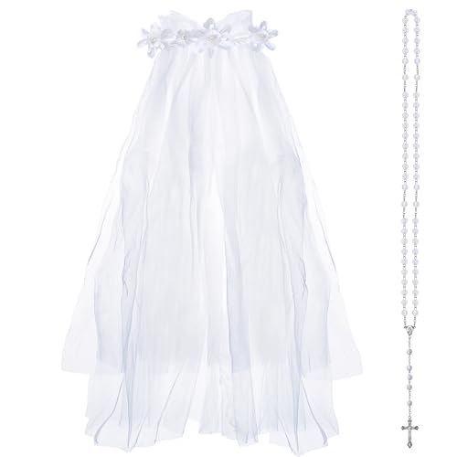 Girls First Communion Veil String of beads White Floral Crown Lace Veil
