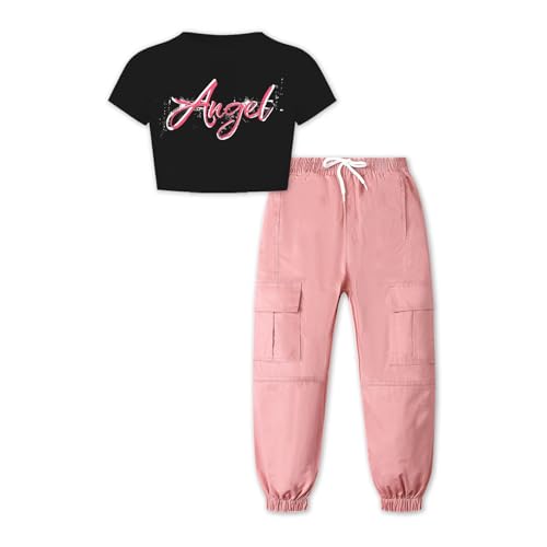 Image of Betusline 2 Piece Clothes Set for Girls, Black T Shirt and Pink Cargo Pants Outfits Multi-Pocket Elastic Waist Pull on Cargo Pants, 9-10 Years = Tag 150