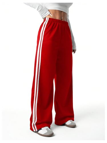Verdusa Calça atlética feminina listrada de perna reta casual para treino, Vermelho, 16 Anos