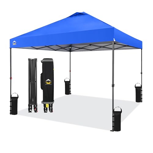 CROWN SHADES 10x10 Pop Up Canopy Tent - Patented Center Lock One Push Instant Outdoor Canopy Beach Tent with STO-N-Go Bag 8 Stakes & 4 Sand Bags，Blue