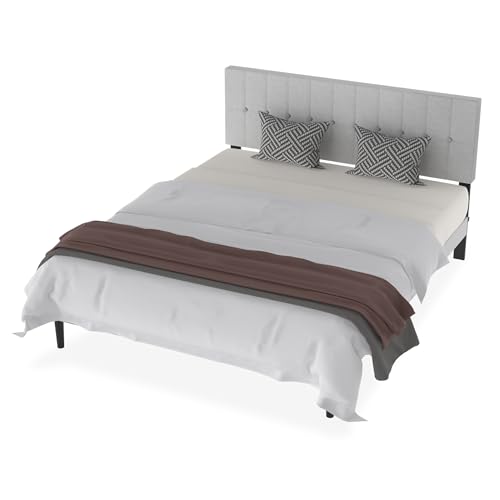 Suusolny Estructura de cama tapizada con cabecero de tela de lino y somier de láminas, para cama individual, doble, fácil montaje, con herramientas de instalación, marco de cama de hasta 300 kg, color