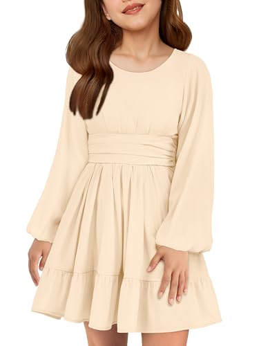 Girls' A-Line Casual Dress with Ruffle Hem Round Neck Teens Dress Long Puff Sleeve Junior Dresses for Teens, 5-14Y