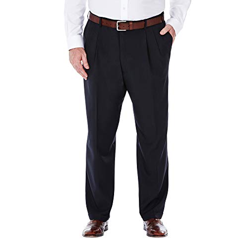 Haggar mens Big & Tall Eclo Stria Pleat-front Expandable Waist dress pants, Navy, 48W x 34L US