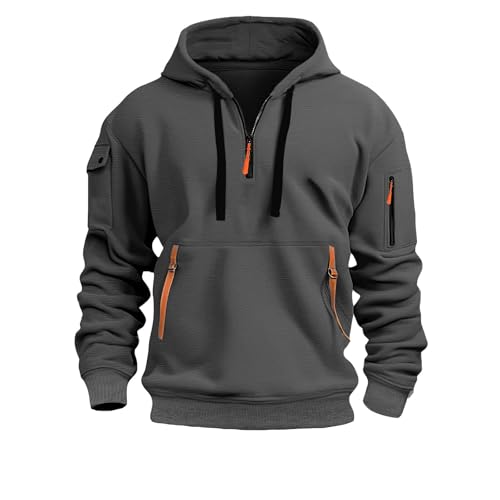 Men's 1/4 Hoodies with Multiple Pockets Quarter Zip Sweatshirt Casual Long Sleeve Loose Hooded Pullover Top