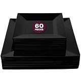 Aya's Square Plastic Plates - 6.5'/9.5' Black Disposable Plates for Party - Heavy-Duty Reusable Food Grade Plastic - 60 Count - Thick and Durable to Prevent Breaking - Ideal for Events and Gatherings