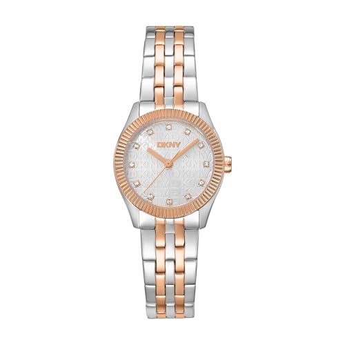 DKNY Reloj de cuarzo con logotipo de cuarzo 5 ATM, Plata Oro Rosa, uno que es, Pulsera