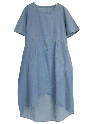 Tebreux Damen Leinen Midikleid Oversized Kurzarm Sommerkleid Baggy Tunika Kleider mit Taschen, Jean Blue, XX-Large