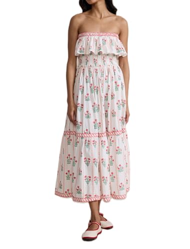 Image of Women Floral Print Maxi Tube Dress Strapless Flowy Long Bandeau Dress Y2K Open Back Sundress Summer Beachwear