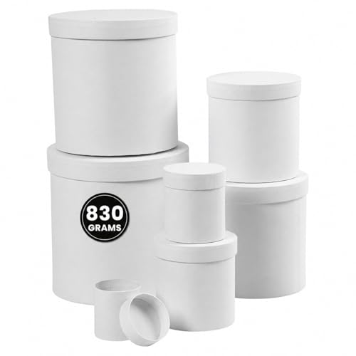 Boîtes rondes, rondes, D : 7+9+12+14,5+17+19,5+22 cm, H : 7,5+10,2+12,7+15,2+17,7+20,2+22,7 cm, blanc, 7 pièces.