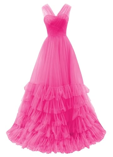 Layered Tulle Prom Dresses V Neck Ball Gowns for Women Foraml A Line Plus Size Evening Dress