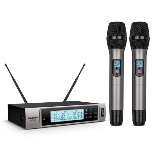BEKBOES Professional Dual Dynamic Handheld UHF Wireless Microphone System, Wireless Handheld Microphone, 492ft Range for Home Karaoke/Meeting/Party/