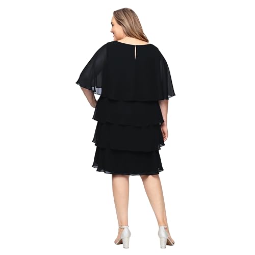 Image of S.L. Fashions Women's Plus Size Tiered Chiffon Cocktail Party Dress with Attached Cape & Beaded Shoulders