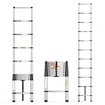 3.2M Telescopic Ladder, 10.5ft Folding Step Ladder Multi-Purpose Extendable Loft Ladder, Stainless Steel Retractable Roof Ladders, Portable Foldable Ladder for Home Garden Office, Anti-Slip