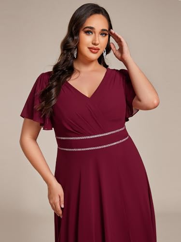 Image of Ever-Pretty Plus Women's Chiffon V-Neck Beading Ruffles Sleeves Maxi High Low Plus Size Formal Dresses