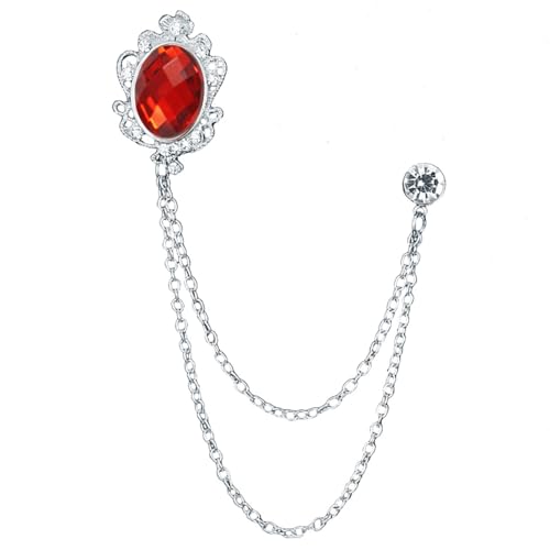 Image of Vintage Gemstone Chain Brooch Pin Rhinestone Long Chain Tassel Suit Pin Zircon Oval Crystal Lapel Pin Jewelry for Women Men