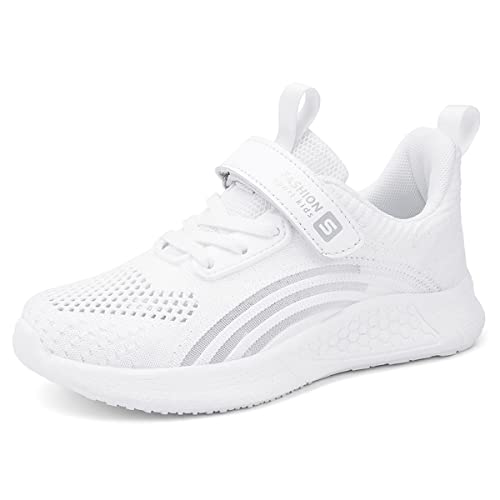 Buwege Mädchen Turnschuhe Kinder Sneaker Atmungsaktiv Hallenschuhe Klettverschluss Schuhe Leichte Laufschuhe Mode Sportschuhe Weiß EU 32 Cover