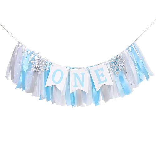 Image of Winter Onederland Highchair Banner - Snowflake First Birthday High Chair Banner, Winter Wonderland One party Decoration, Party Supplies for 1st Birthday Baby, Snowflake Birthdays Party Photo Props (Blue Winter Onederland Highchair Banner)