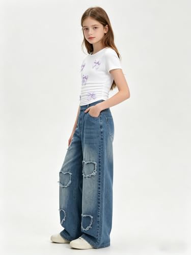 Image of Size 7-14 Years Girls 2 Piece Outfits Bow Short-Sleeved Top and Jeans Pants Clothing Set