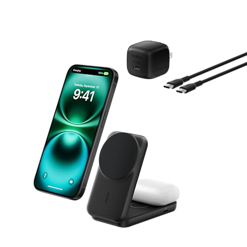 【Amazon.co.jp限定】Belkin Qi2 25W Ultra Charge ワイヤレス充電器 世界初 充電スタンド 2 in 1 スクエアモデル Qi2公式認証/MagSafe 急速充電 iPhone 16~12 スタンバイモード Google pixel 10 PRO XL 折りたたみ 持ち運び最適 ブラック WIZ038dqBK ※Amazon.co.jp限定 壁紙ダウンロード付き