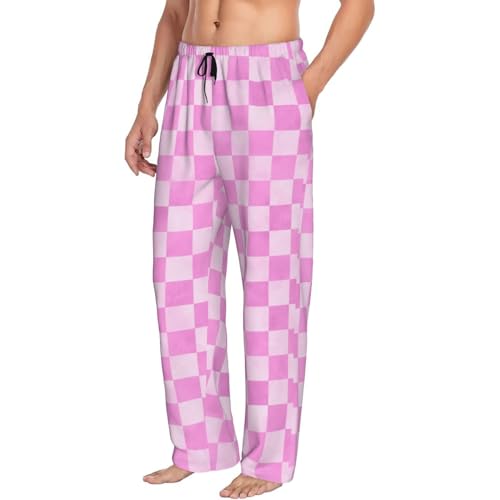 Mens Pajama Pants - Pink Checker Print Soft Sleep Lounge Pants For Men, Casual Pj Bottoms With Pockets