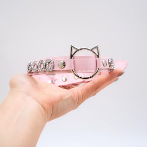 Black O-ring Choker Collar For Women, Pink Vegan Leather Choker Necklace Jewelry with Cat-shaped Ring and Rhinestone Letters4