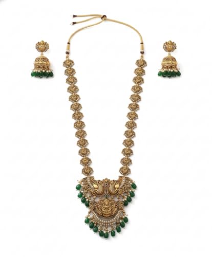 Image of South Indian Traditional Antique Matte Gold Finish Goddess Lakshmi & Peacock Motif Long Necklace Set with Jhumka Earrings for Women | Ethnic Temple Jewellery for Weddings, Brides & Festivals (Green)