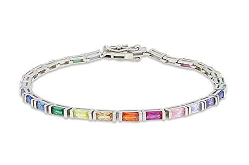 AFFY 14k Gold Plated 925 Sterling Silver Colourful Bar Setting Rainbow Baguette Sparkling Multi Color Sapphire Gemstone Tennis Bracelet, Jewelry for womens