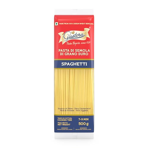 Image of GUSTORA Spaghetti Pasta, 500g I Made of Durum Wheat Semolina I Rich in Protein & Fibre I Vegetarian I Zero Cholesterol I No Trans-Fat I Cooking Time 10 Min - 500G