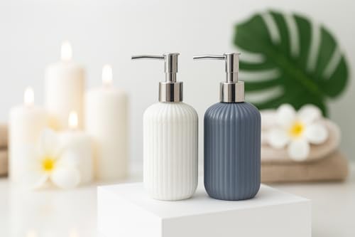 Image of LAGET 300ml Soap Dispenser for Wash Basin -Ribbed Design | Kitchen and Bathroom Accessories Items | Liquid Handwash Dispenser Bottle Chrome Finsih Top- Set of 2 (White and Metallic Blue)