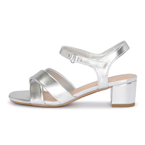 Image of STYLISH S KHLOE-K Little Girls Round Open Toe Criss Cross Ankle Hook and Loop Strap Low Block Heel Dress Sandals