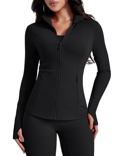 AVGO Womens Workout Jackets Lightweight Athletic Zip Up Jacket Slim Fit Running Gym Top with Pockets & Thumb Holes(Black, M)