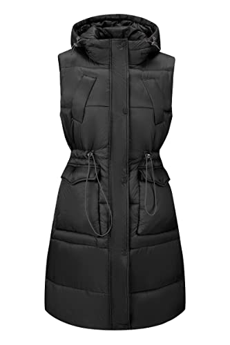 RISISSIDA Puffer Vest Women Mid-Length Puffy Quilted Hooded Sleeveless Loose Jacket