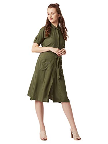 Image of Miss Chase Women's Olive Green Midi Shirt Dress