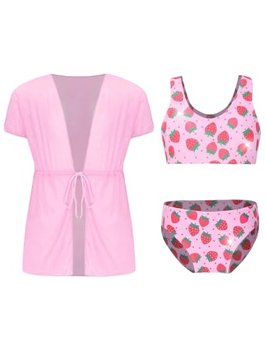Kids Girls Strawberry Bikini Sets Drawstring Kimono Wrap Bikini Top Brief Bathing Suits3