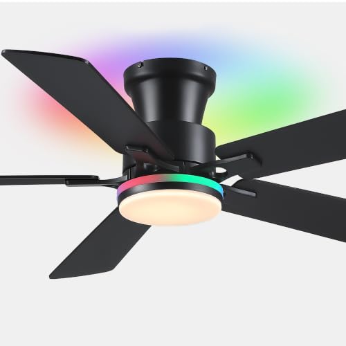 Image of JSAITEE 52in Flush Mount Ceiling Fans with Lights Low Profile, Black RGB | Ceiling Fans with Lights Flush Mount Low Profile, Reversible Motor, 3CCT Dimmable, Noiseless, 6 Speeds, Black Modern