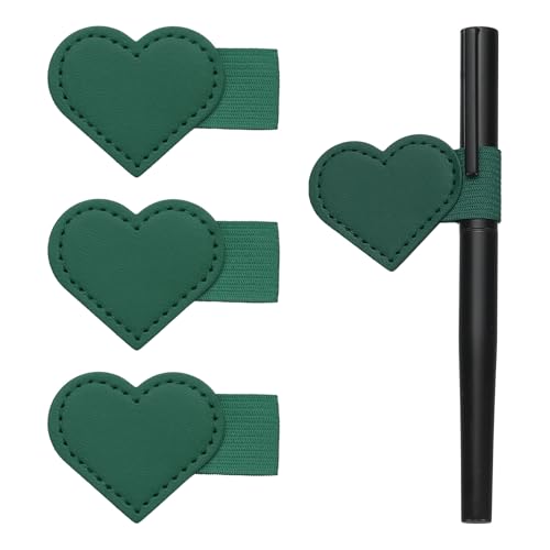 uxcell 4 Pcs Heart Pen Loop Holder for Notebook, Self Adhesive Pen Holder PU Leather Pencil Elastic Loop Designed for Tablet, Journals Clipboards Notebooks(Green, Style2)
