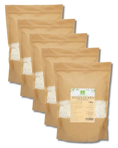 Reis Flocken 5kg (5*1kg) von der Grünen Essenz | weiße Reisflocken zum Frühstück | Müsli und Backen - als Hundefutter Zusatzstoff - Reisflocken Reisbrei fur Pudding - Reis Gemüseflocken Vegan (5 kg)