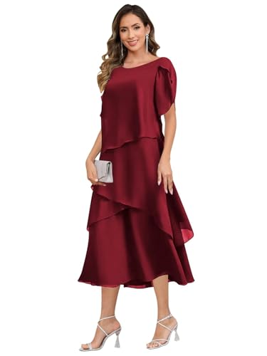 Mother of The Bride Dresses - Tea Length Short Sleeve Chiffon Tiered Formal Dress for Women4