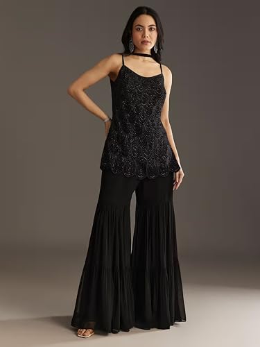 Image of TRENDMALLS Women's Georgette Beads Embroidery Sequence Work Kurta Sharara Dupatta Salwar Suit Set For Women