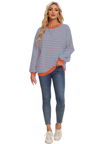LOZ Women Striped Oversized Sweatshirt Long Sleeve Crewneck Hoodies Shirts Pullover Top Trendy Clothes with Pockets4