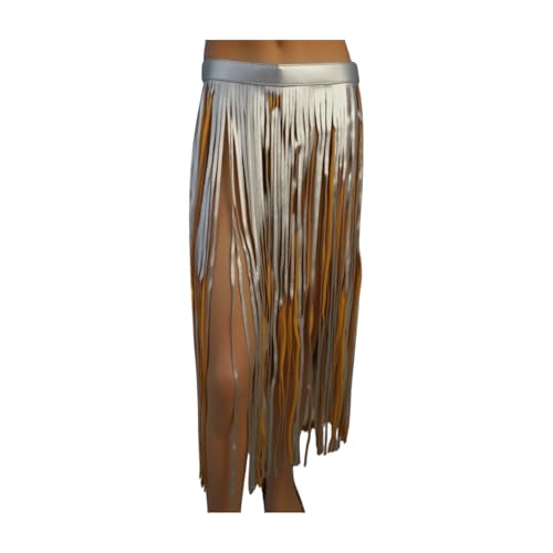 Women Skirt Fashion Belt - Wrap Around Long Faux Leather Waistband Fringes Tassel XS S Beige Silver2