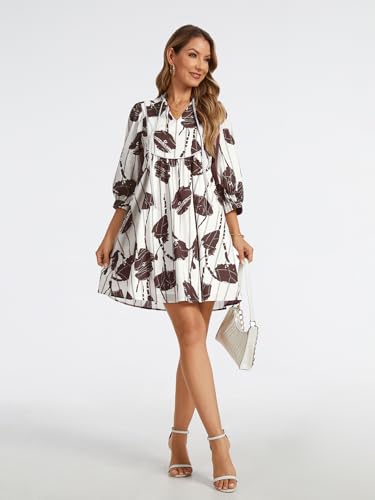 Image of EZAPINE Women Floral Babydoll Mini Dress V Neck 3 /4 Puff Sleeves A Line Flowy Swing Summer Sun Dresses