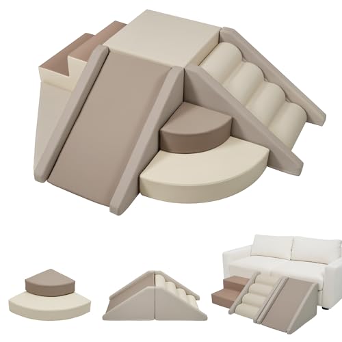 Merax Indoor Climbing Toys for Toddlers 9-Piece Foam Climbing Blocks Climb & Crawl Tunnel Soft Play Set (9-Piece Cappuccino)