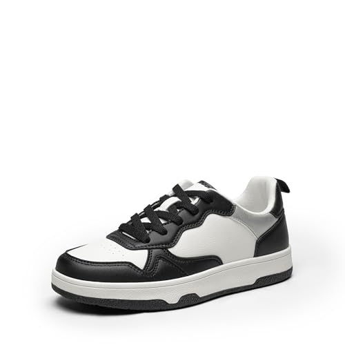 DREAM PAIRS Women's Walking Skateboard Shoes Sneakers Pu Leather Char Flat Low-Top Lace-Up Comfortable Casual Athletic Non-Slip Running Fashion Sneakers.,Size 9,Black/White,SDFN2433W