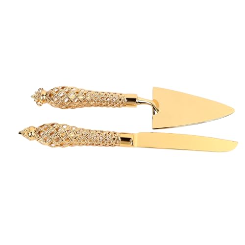 Gold Cake Knife and Server Set, Vintage Engraved Cutter for Wedding, Birthday, Thanksgiving, and Christmas, Zinc Alloy, 2pcs