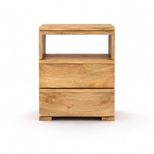 Image of Premium Solid Wood Bedside Table with 2 Drawer & 1 Open Shelf | Modern Wooden Nightstand for Bedroom | Bedside Storage Table for Home & Hotel (Natural Finish)
