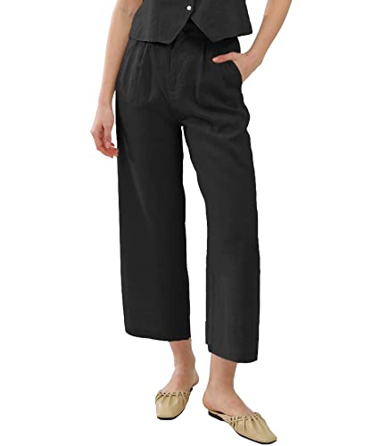 Amazhiyu Women's Linen Ankle Pants Pleated Front Wide Leg Straight Cropped Trouser